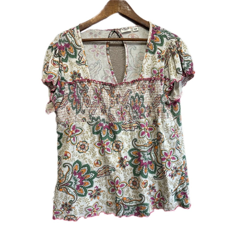 Cato Woman Plus Size 22/24W Paisley Smocked Empire Waist‎ Top Short Sleeve